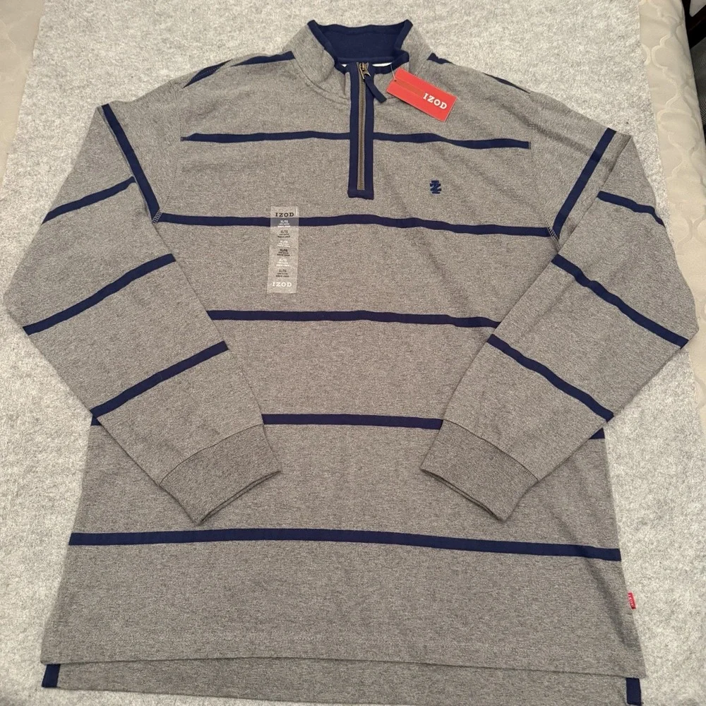 IZOD Men's 1/4 Zip Sweatshirt Cotton Pullover Gray With Blue Stripes Size XL NWT